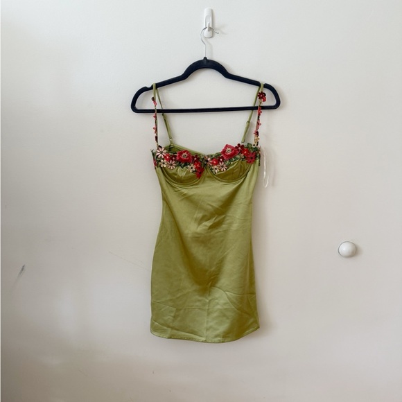 Princess Polly Dresses & Skirts - Princess Polly Olive Green Mini Dress with Red Floral Embroidery